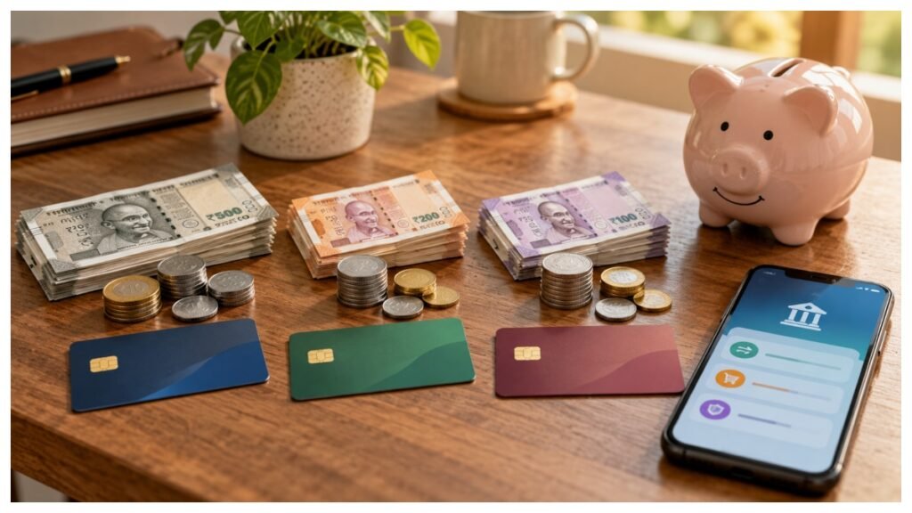 Rupee notes, bank cards and a piggy bank representing separate spending and savings accounts.