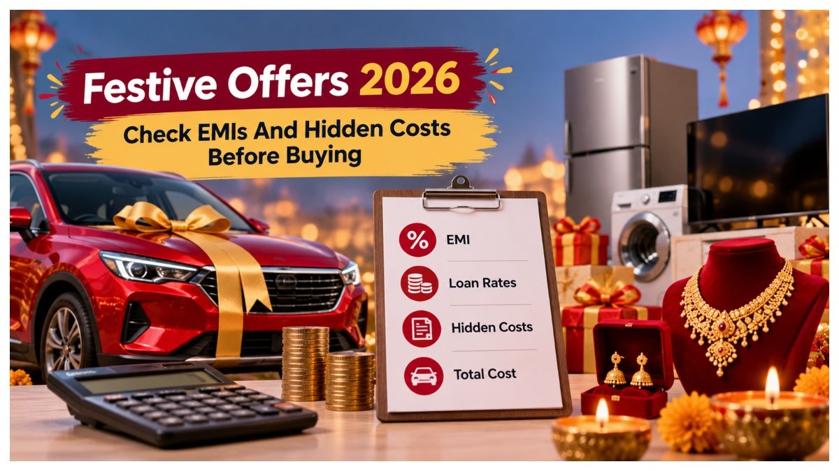 Festive shopping offers on cars, jewellery and electronics highlighting EMI payments, financing costs and household budgeting.