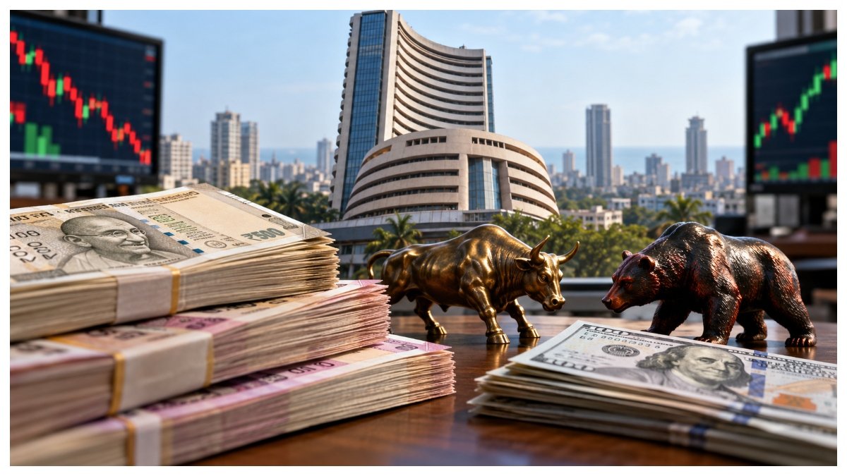 Indian stock market display illustrating foreign investor selling and domestic institutional buying.