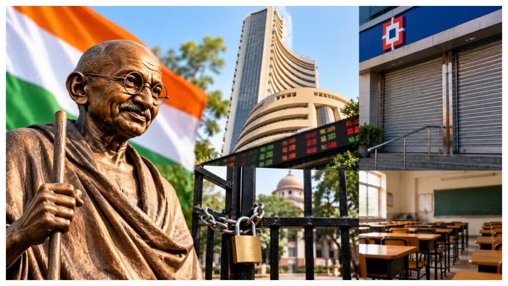 Gandhi Jayanti holiday 2026 with banks, stock markets, schools and government offices closed on October 2.