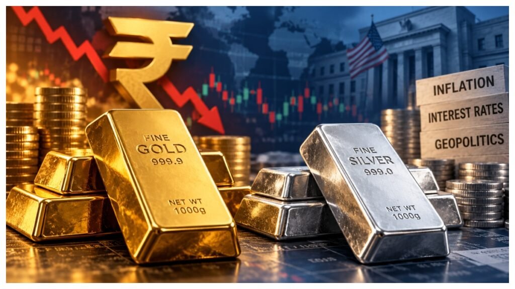 Gold bars and silver bullion representing precious metal prices amid rupee weakness, inflation concerns and global market uncertainty.