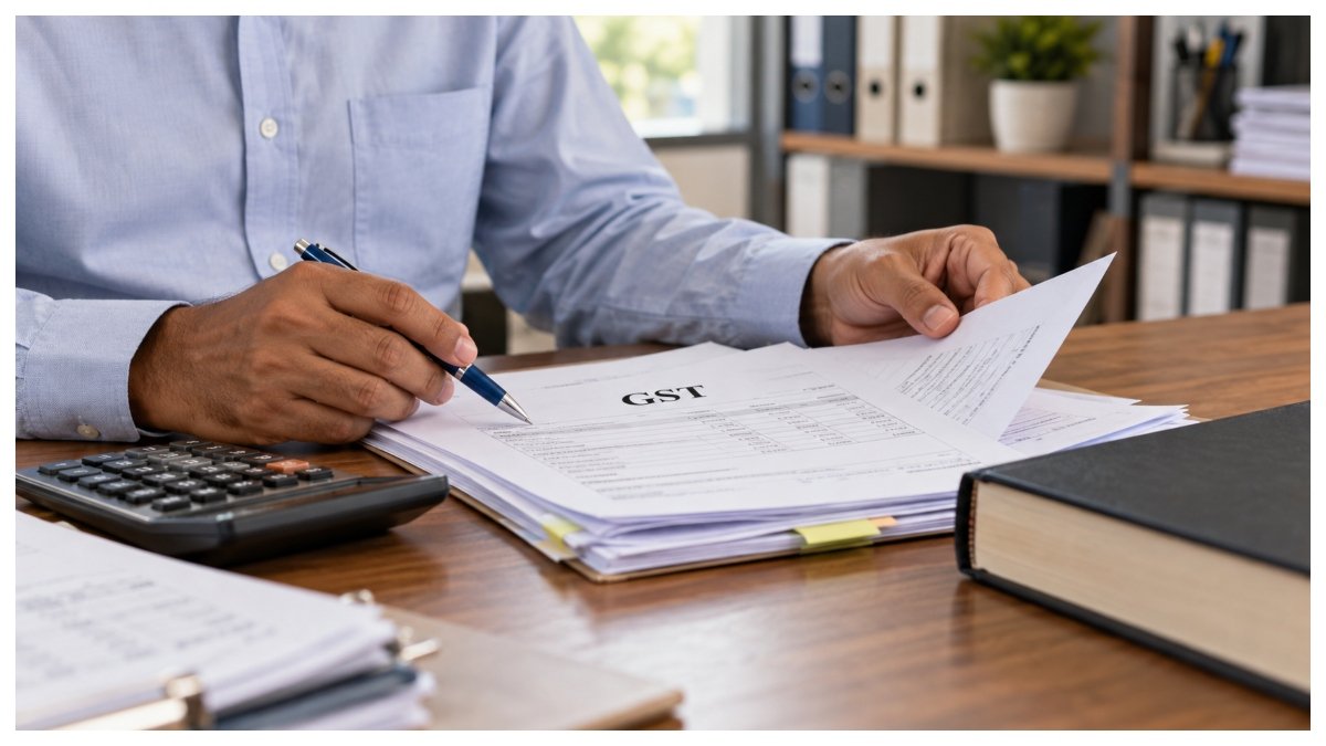 GST documents and a calculator on an office desk.