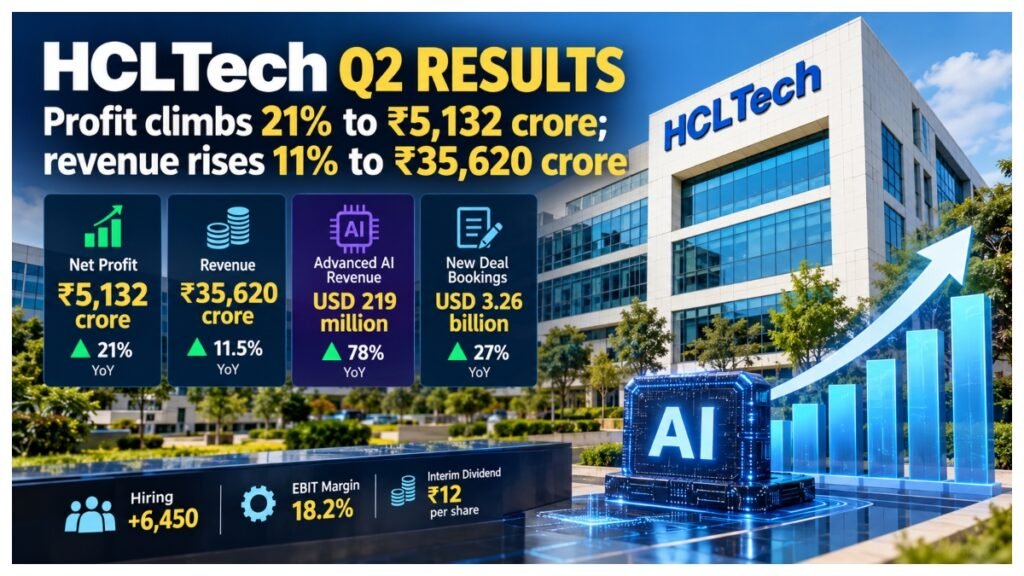 HCLTech Q2 FY27 financial results showing 21 per cent profit growth, Rs 35,620 crore revenue and strong AI business expansion.