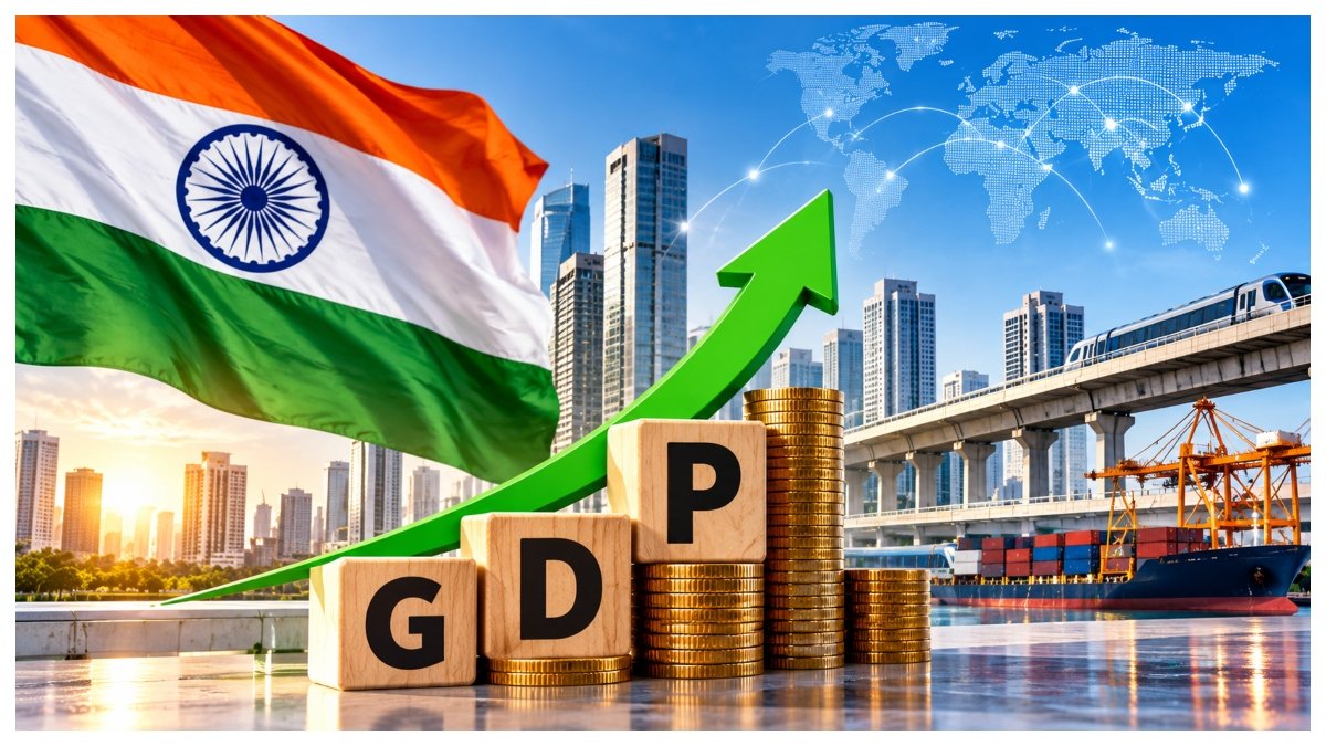 Indian national flag alongside rising GDP growth chart, infrastructure projects, skyscrapers and export activity representing India's economic resilience.