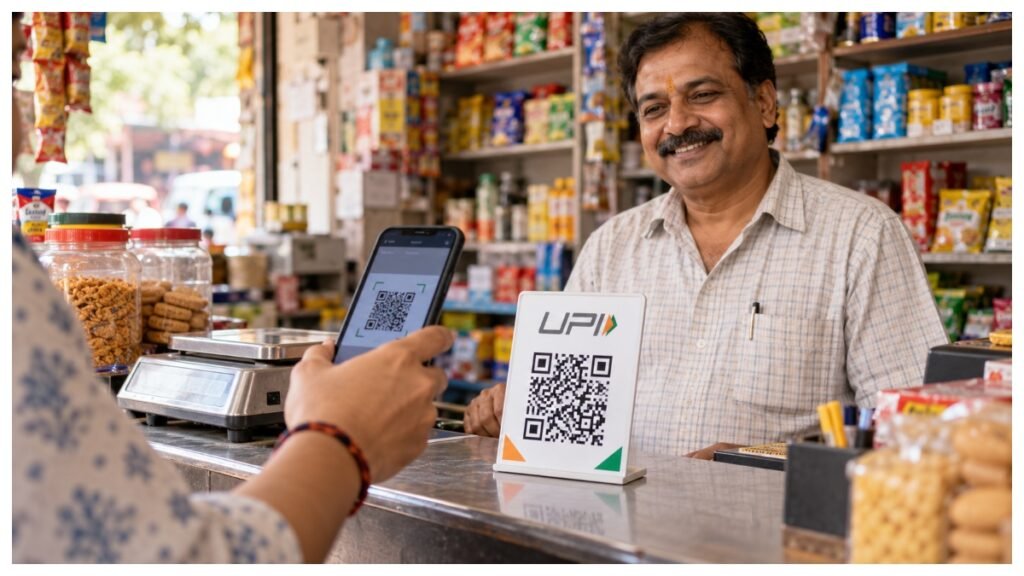 Customer scans a UPI QR code to pay at an Indian retail shop as the shopkeeper looks on.