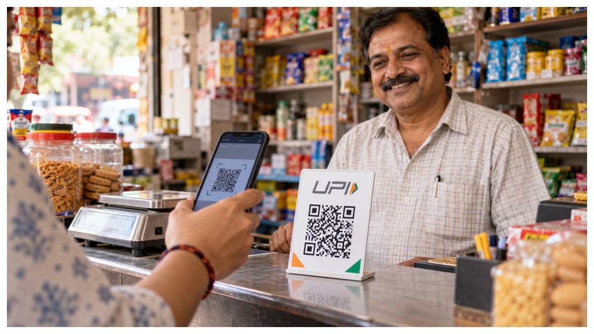 Customer scans a UPI QR code to pay at an Indian retail shop as the shopkeeper looks on.
