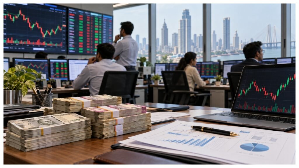 Representative image of India’s IPO market with stock trading screens and investors tracking new listings.