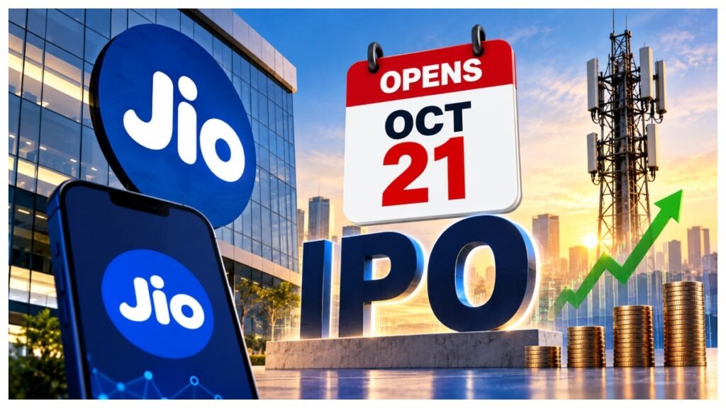 Jio Platforms IPO 2026 featuring Reliance Jio branding, Rs 30,213 crore issue size, price band and October 21 opening date.