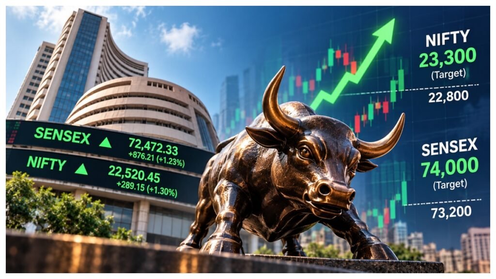 Indian stock market trading screens displaying Nifty and Sensex movements, technical charts and key resistance levels amid recovery expectations.
