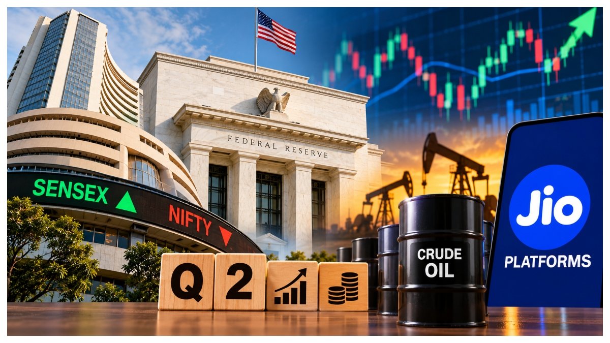 Stock market next week outlook showing Sensex and Nifty movements amid US Fed policy, Q2 earnings and crude oil price concerns.