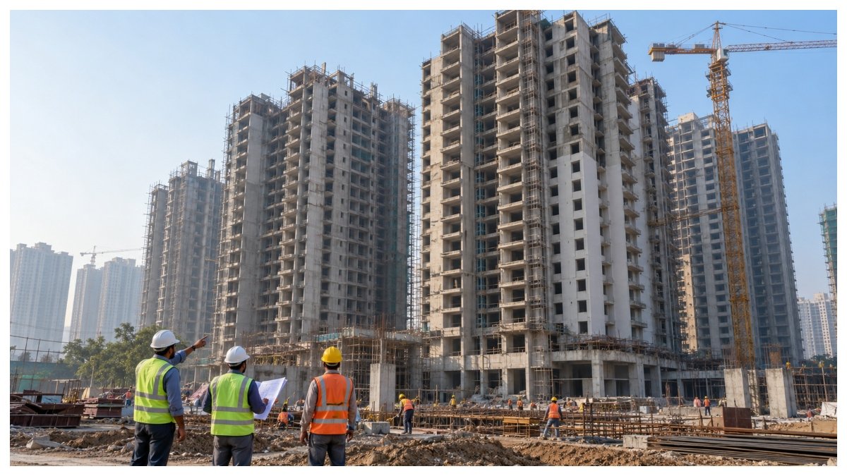 AI-generated representative image of workers inspecting unfinished residential towers at a construction site.