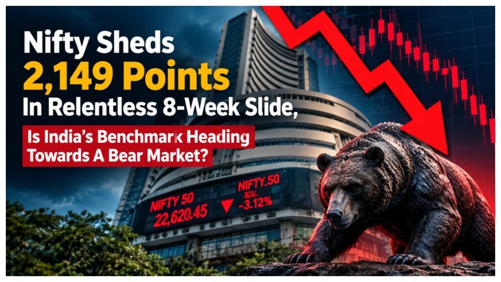 Nifty 50 market decline showing falling stock chart and bear market fears after an eight-week losing streak.