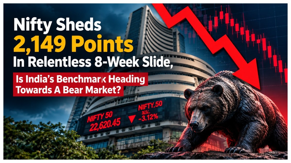 Nifty 50 market decline showing falling stock chart and bear market fears after an eight-week losing streak.