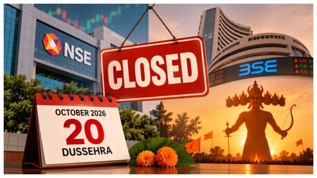 NSE and BSE stock market holiday on October 20, 2026, for Dussehra, with upcoming trading holidays in India.