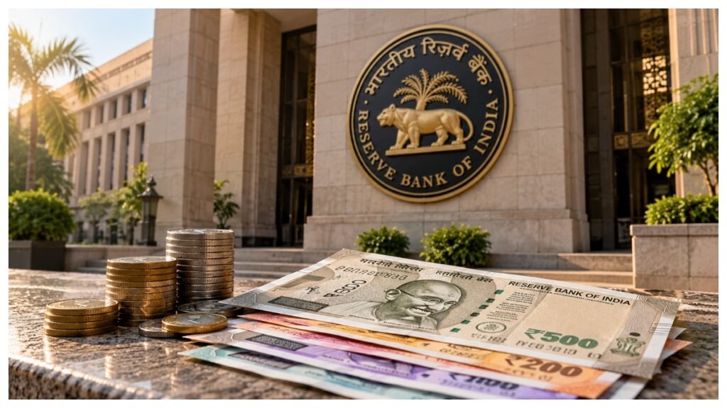 Indian rupee notes and coins with the RBI emblem in the background. (AI-generated representative image.)