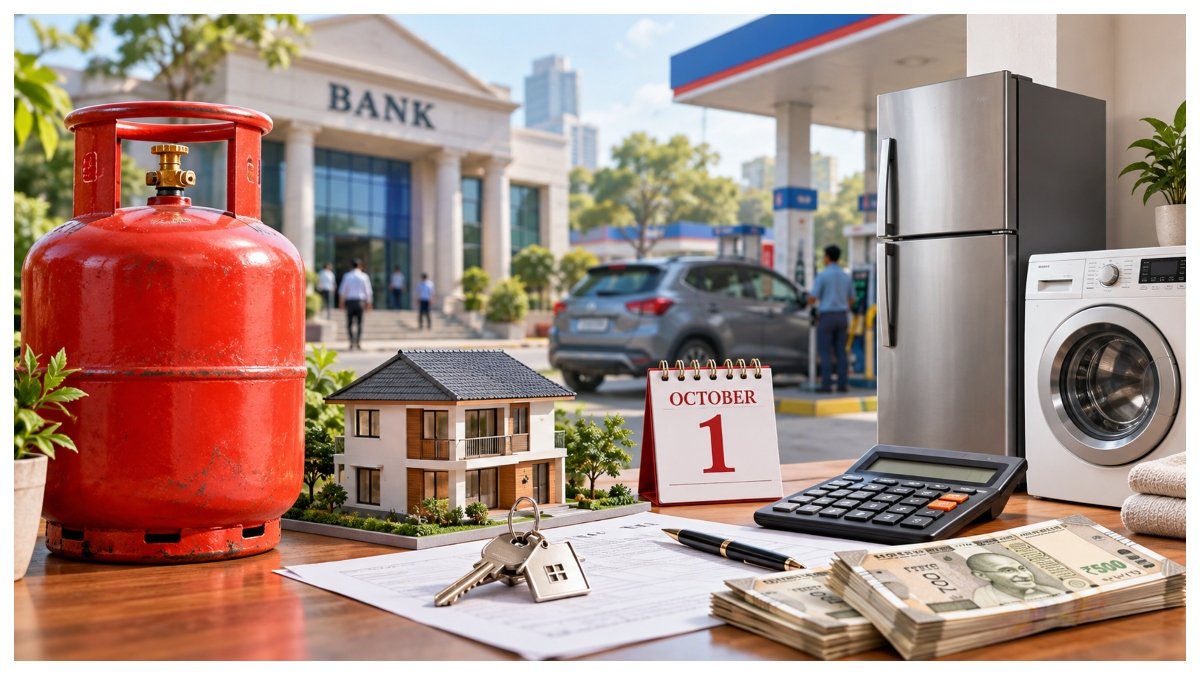 Illustration of an LPG cylinder, bank, property documents and household appliances