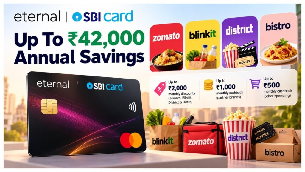 Eternal SBI credit card with Zomato, Blinkit and District logos.