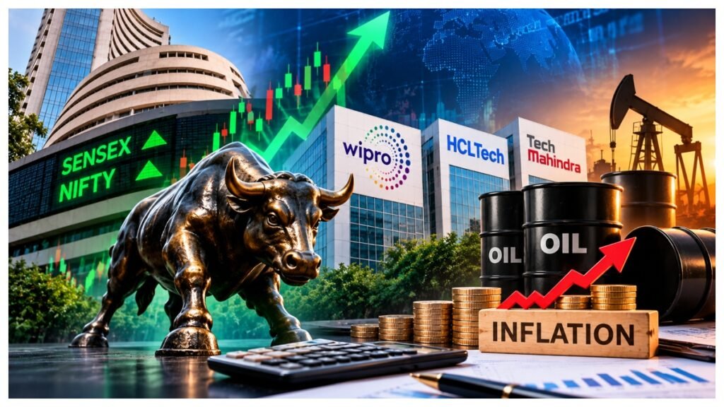 Indian stock market outlook showing Sensex, Nifty, IT company earnings, rising inflation, crude oil barrels and global market trends.