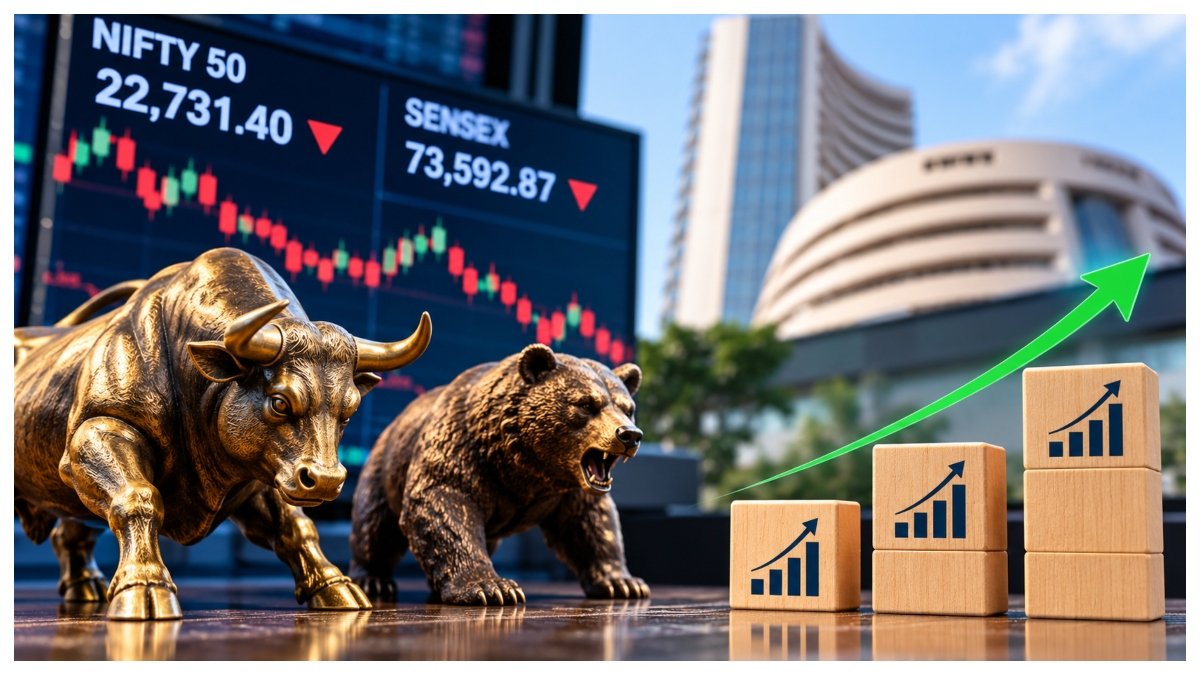 Indian stock market indices Sensex and Nifty displayed on trading screens with declining valuation charts and improving corporate earnings projections.