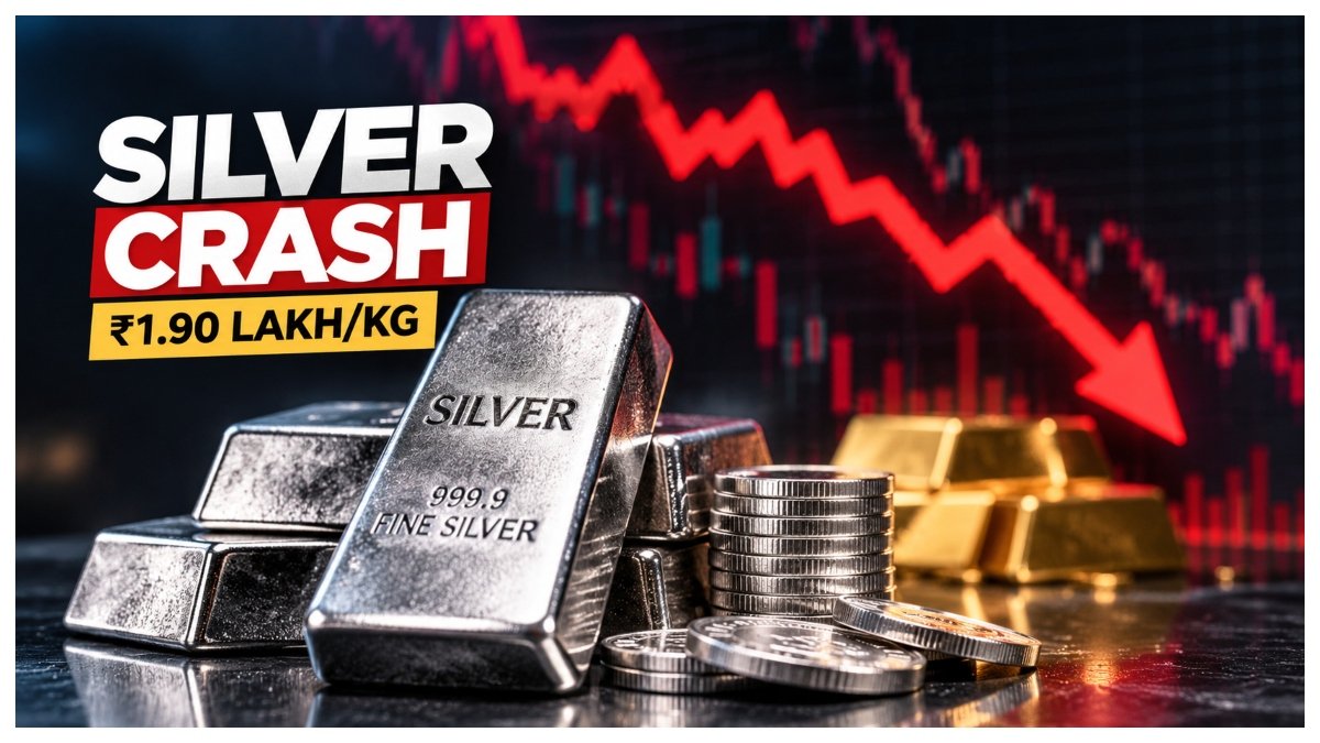 Silver prices crash ₹8,300 to ₹1.90 lakh per kg in Delhi as global silver falls to $49.06 per ounce.