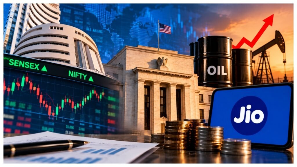 Sensex and Nifty market charts highlighting US Fed decision, crude oil prices and Jio Platforms listing.