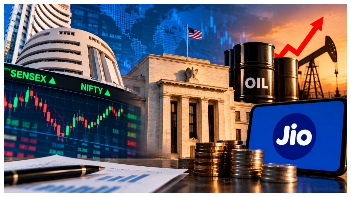 Sensex and Nifty market charts highlighting US Fed decision, crude oil prices and Jio Platforms listing.