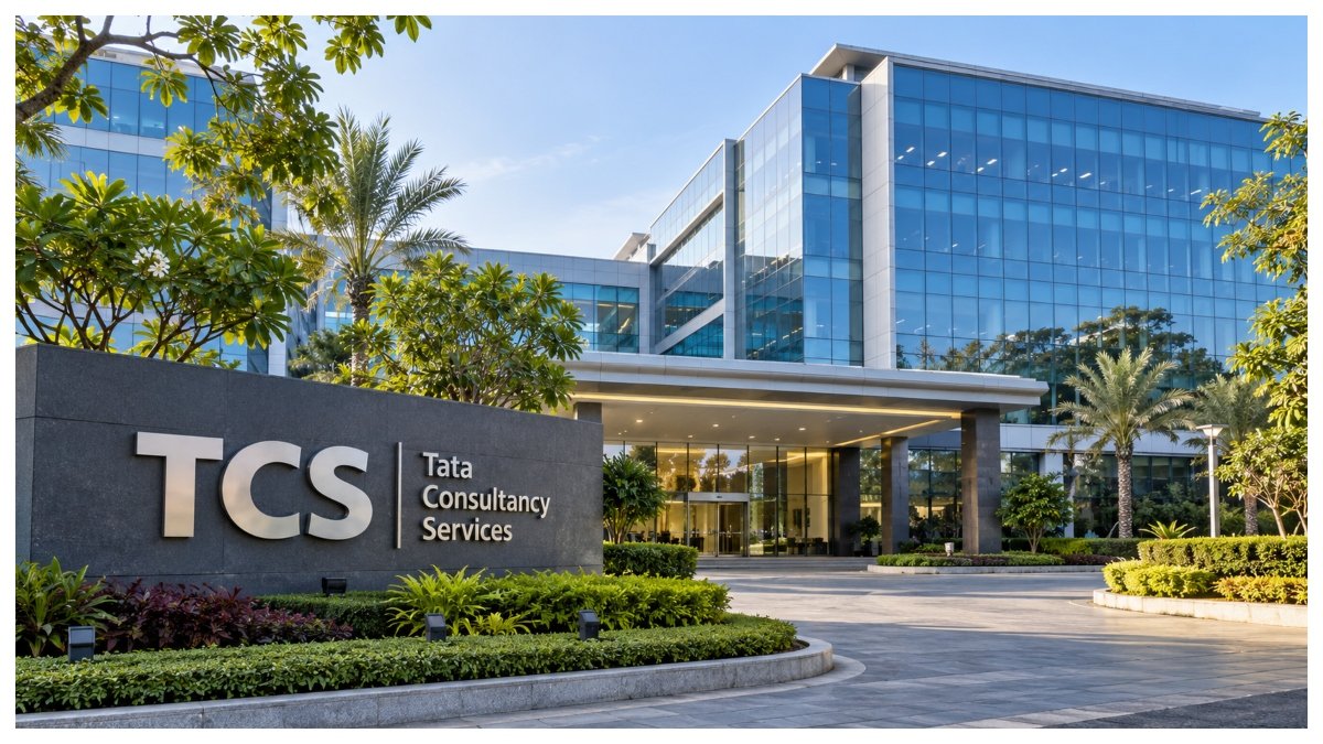 AI-generated representative image of a TCS office campus with company signage and landscaped greenery.